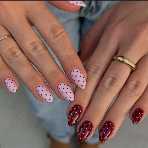 Trandy Polka dot Maroon and Nude Pink Press on Nail