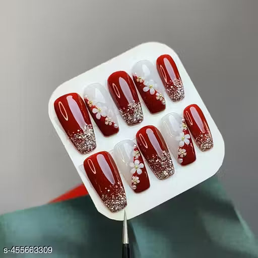 Bridal Nails Red Maroon with glitter and flowers Press on