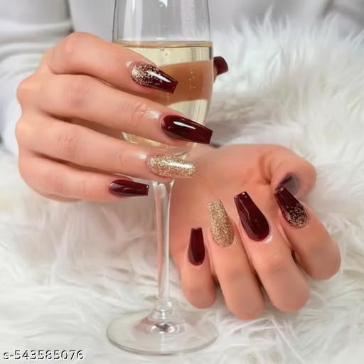 Bridal Press on Nails  Dark Maroon and  Golden
